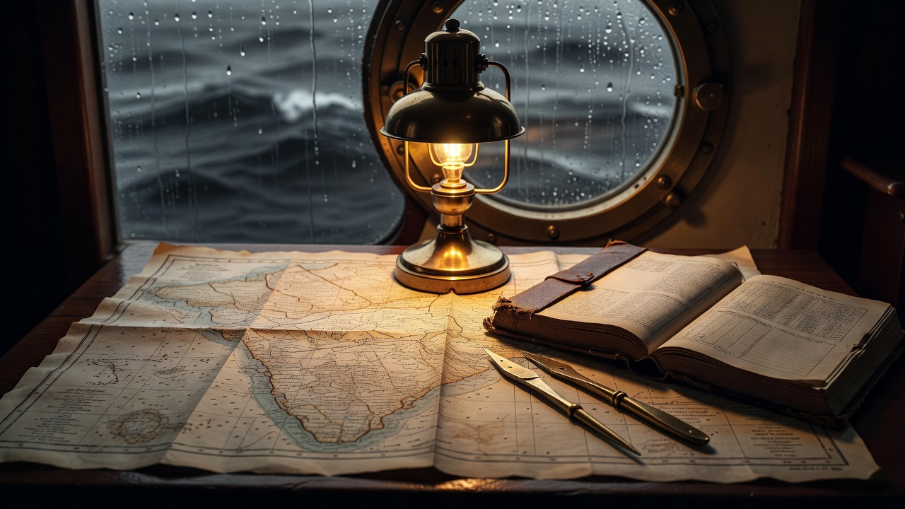 A chart table lit by a brass lamp with paper charts, a pilot book and dividers, rain on the porthole beyond