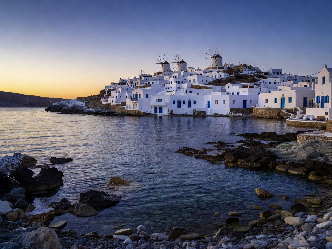 A rocky cove on Astypalaia at dusk with whitewashed chora and windmills on the ridge above