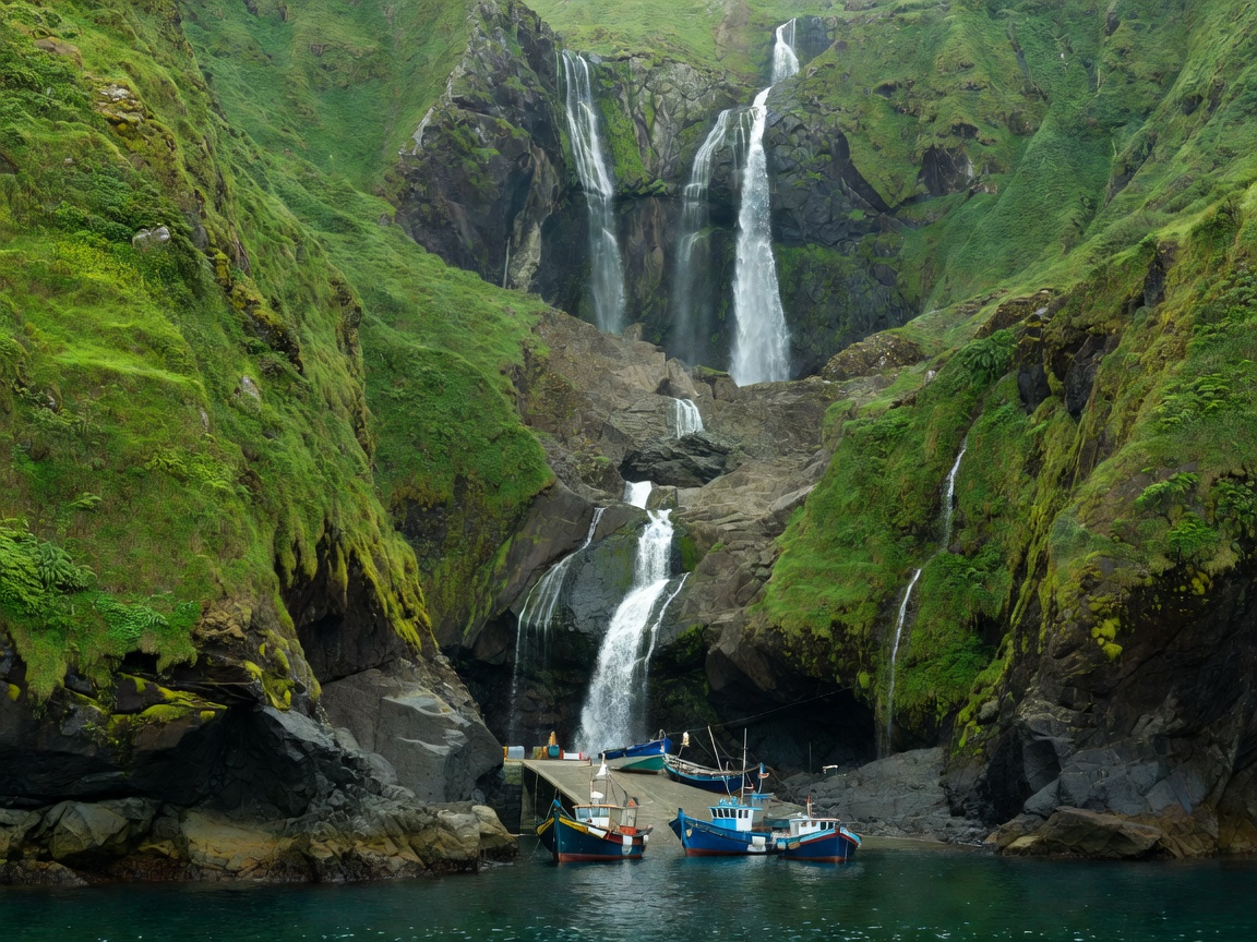 Lajes das Flores harbour beneath green cliffs with fishing boats drawn up on the slipway