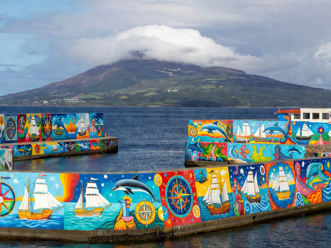 Colourful crew paintings covering the harbour walls of Horta marina on Faial, with Mount Pico in cloud across the channel