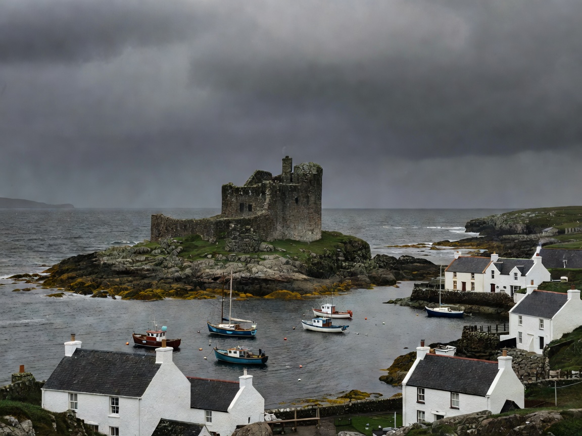 Kisimul Castle in Castlebay, Barra, beneath dark clouds with the village behind