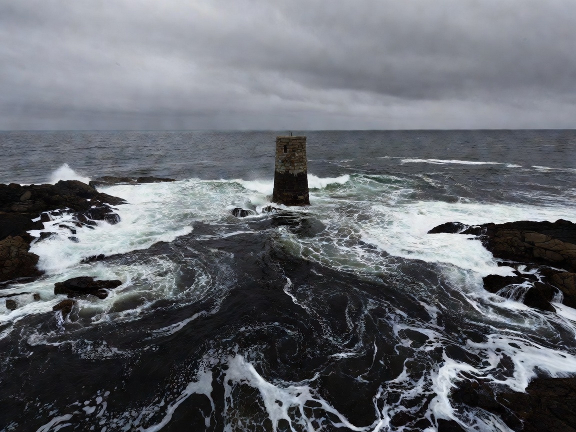 Swirling tidal water around dark rocks and a stone beacon in the Chenal du Four off Brittany, under a heavy grey sky