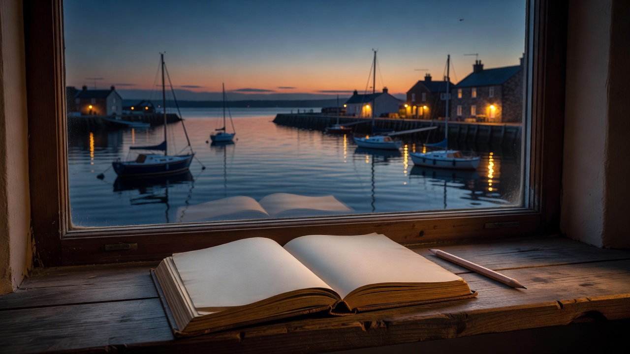 An open logbook and pencil on a windowsill overlooking a small harbour at dusk, boats and lit houses beyond the glass