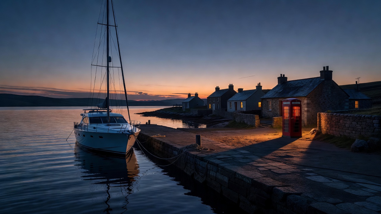 A yacht moored alone at a remote stone quay in fading light, with a few houses and a telephone box on the shore