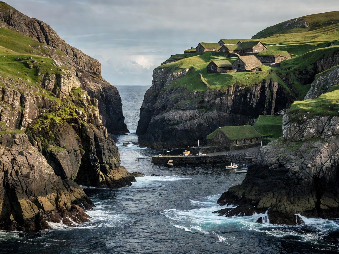 The narrow sea gorge at Gjógv in the Faroe Islands with turf-roofed houses on the slopes above