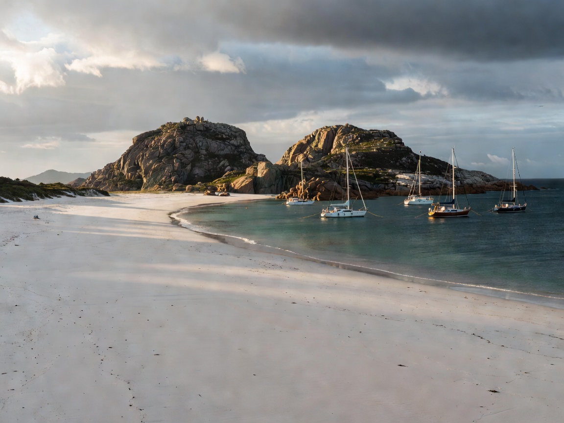 Granite headlands of the Cíes Islands with a long pale beach and a few yachts at anchor under dramatic light