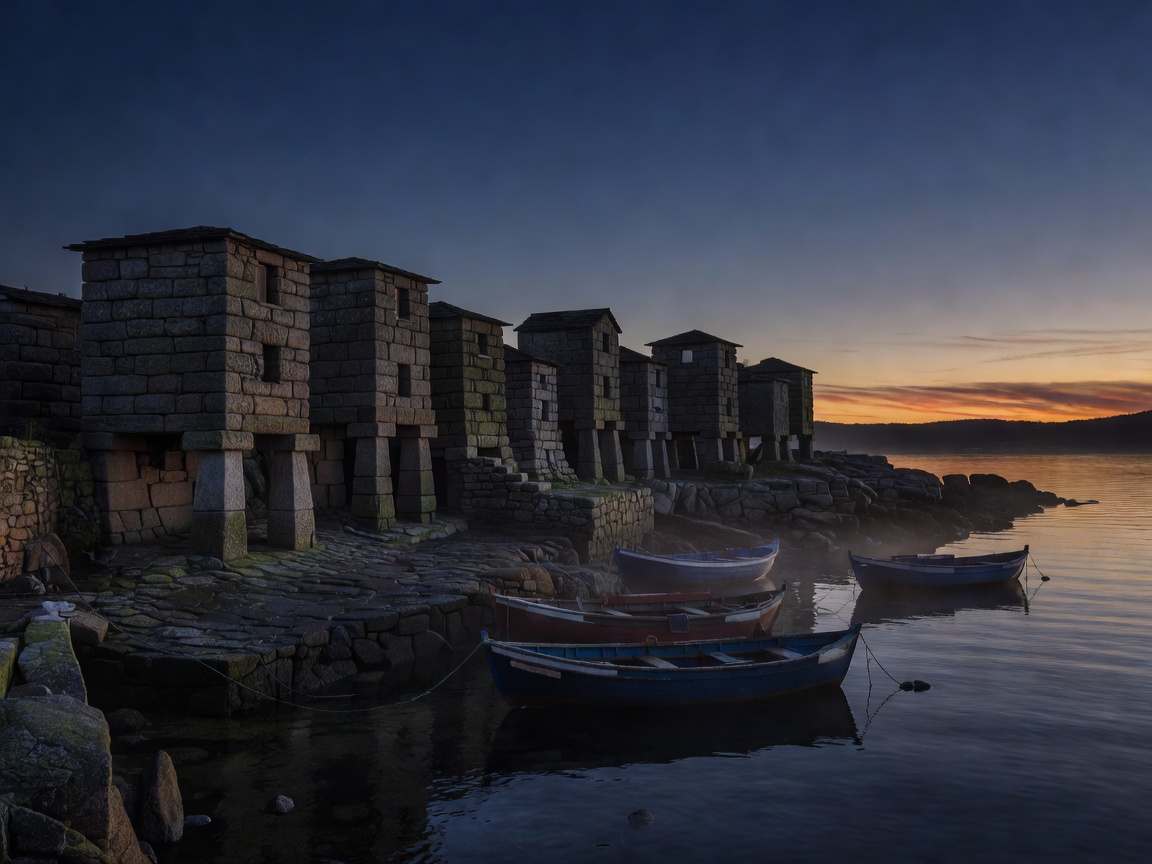 Stone hórreo granaries lining the shore at Combarro in Galicia at dusk, with small boats on moorings