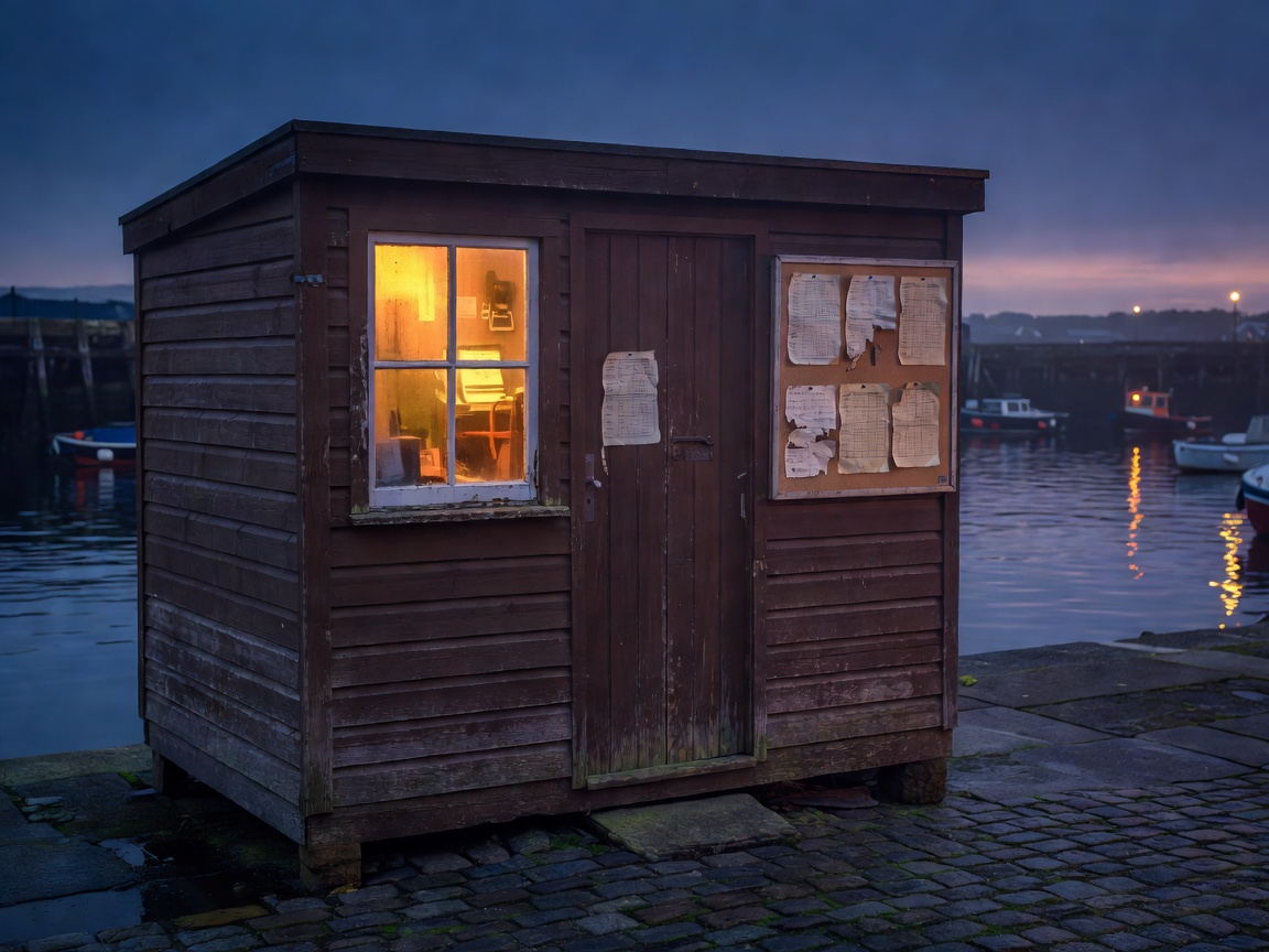 A small harbour master's office with a lit window at evening, tide tables pinned beside the door