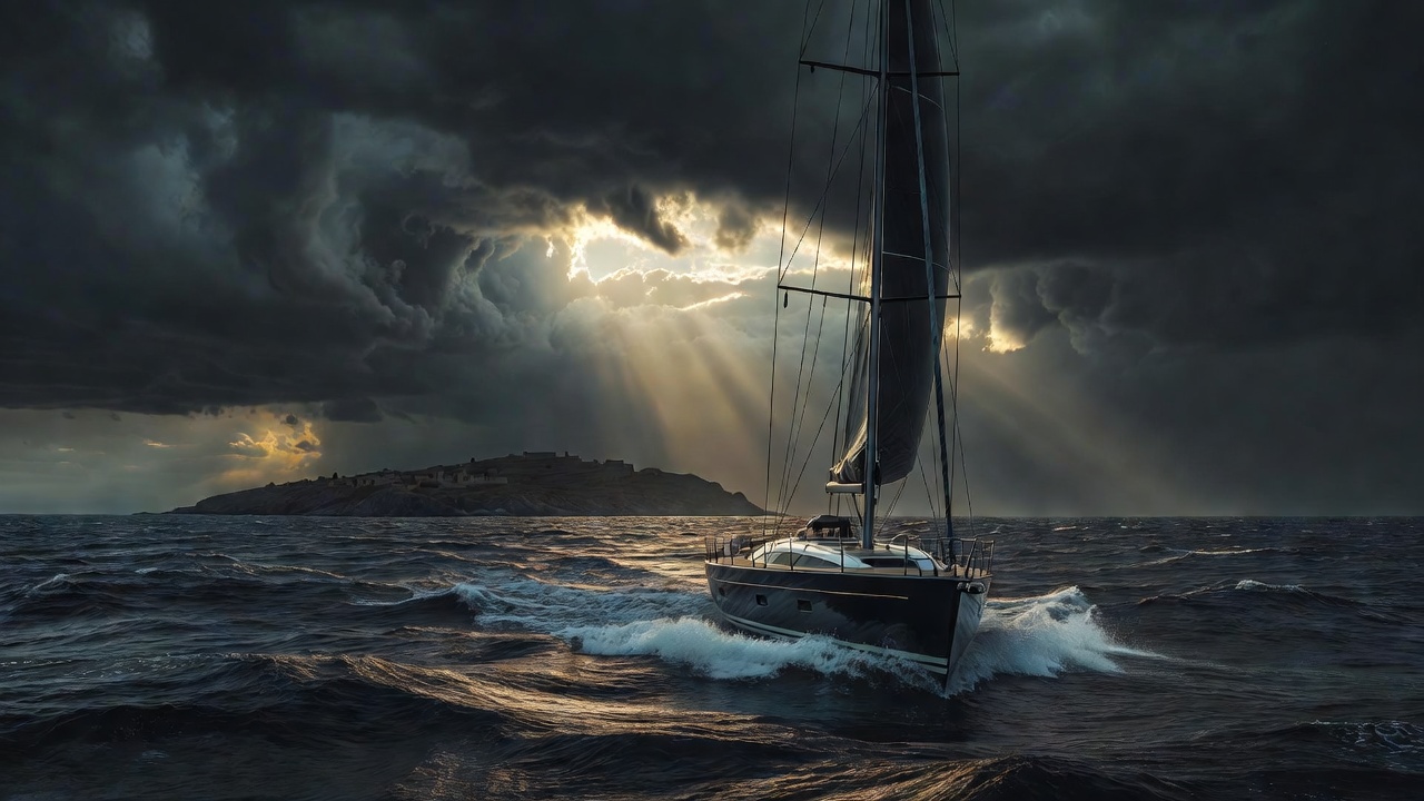 A yacht under reefed sail approaching a distant inhabited island through dark water, with shafts of light breaking beneath a squall