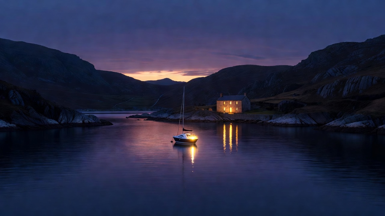 A sheltered bay at evening with one yacht's anchor light glowing and a farmhouse lit on the shore beneath dark hills