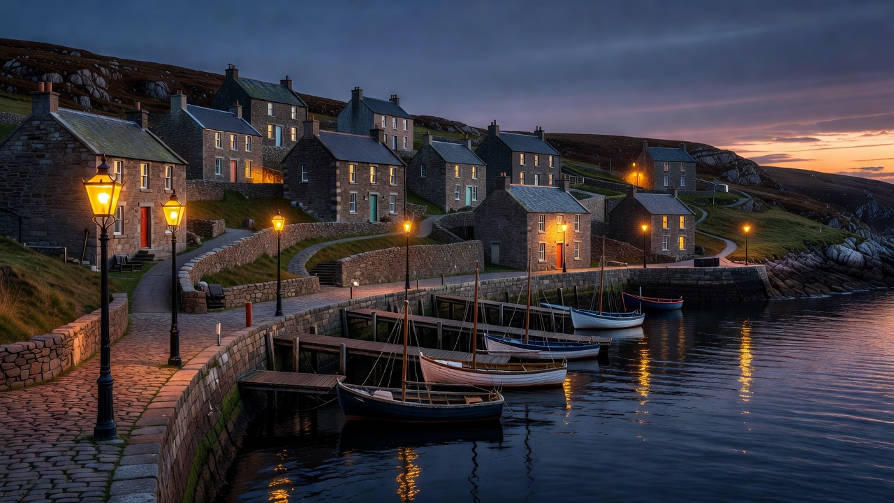Stromness harbour in Orkney at evening, stone houses with lit windows stepping down to private piers and a few moored boats