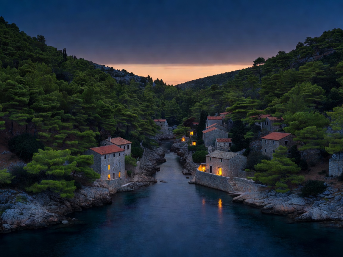 Skrivena Luka bay on Lastovo at dusk with pine slopes and a few lit houses