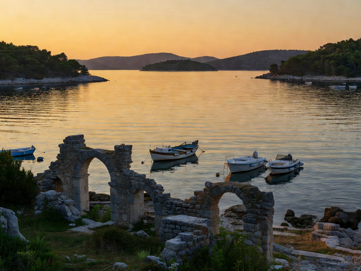 Polače bay on Mljet at evening with Roman ruins near the shore and a few moored boats