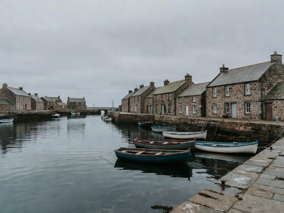 Stromness harbour under grey light with stone houses and small boats