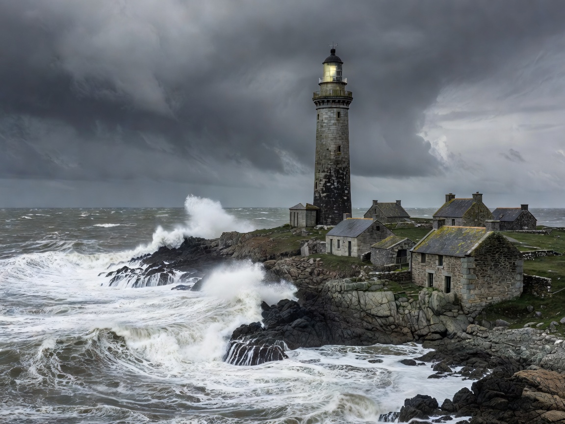 The Créac'h lighthouse on Ouessant above a rough grey sea with low stone houses nearby