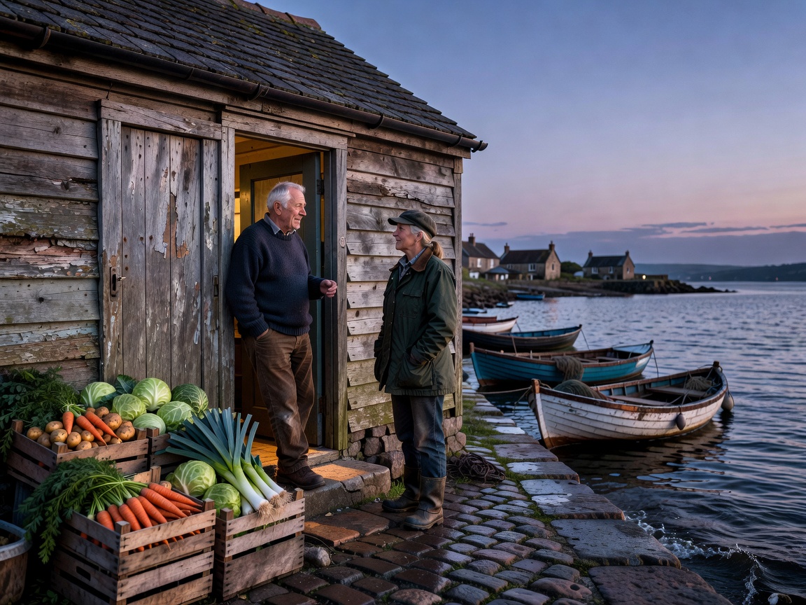 A small island village shop beside the quay at dusk, with crates of vegetables outside and a resident chatting at the door