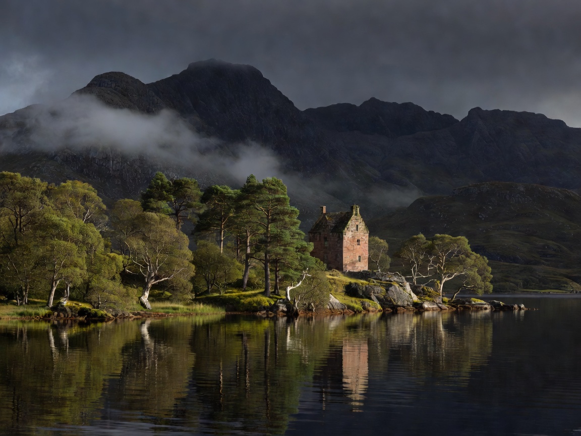 Loch Scresort on Rùm with Kinloch Castle among trees and dark mountains rising behind