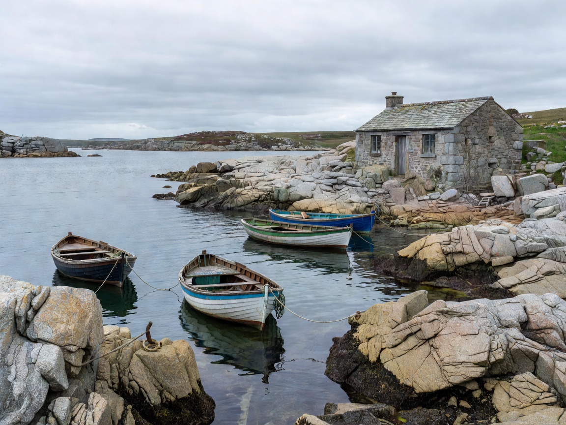 Small boats moored at Porth Conger on St Agnes, Isles of Scilly, with granite outcrops and a lone pub on shore