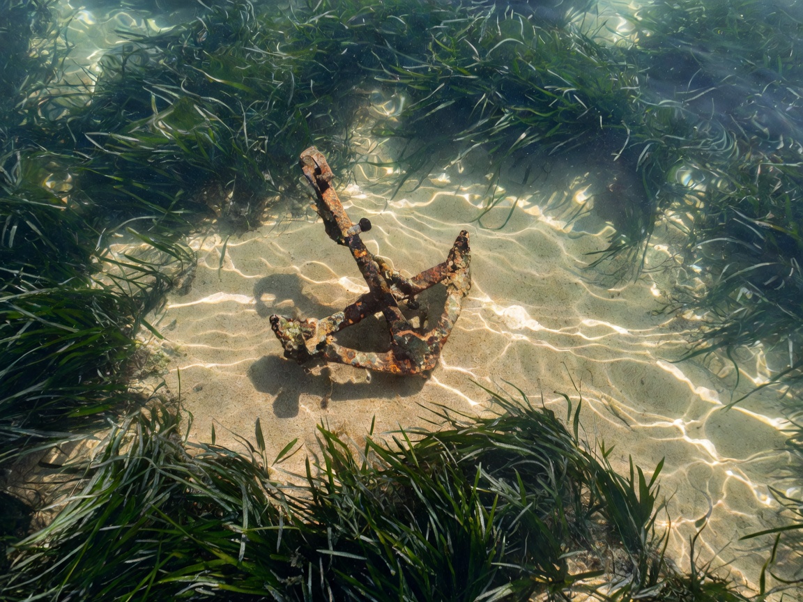Looking down through clear water at an anchor resting on a sand patch beside a dark seagrass meadow