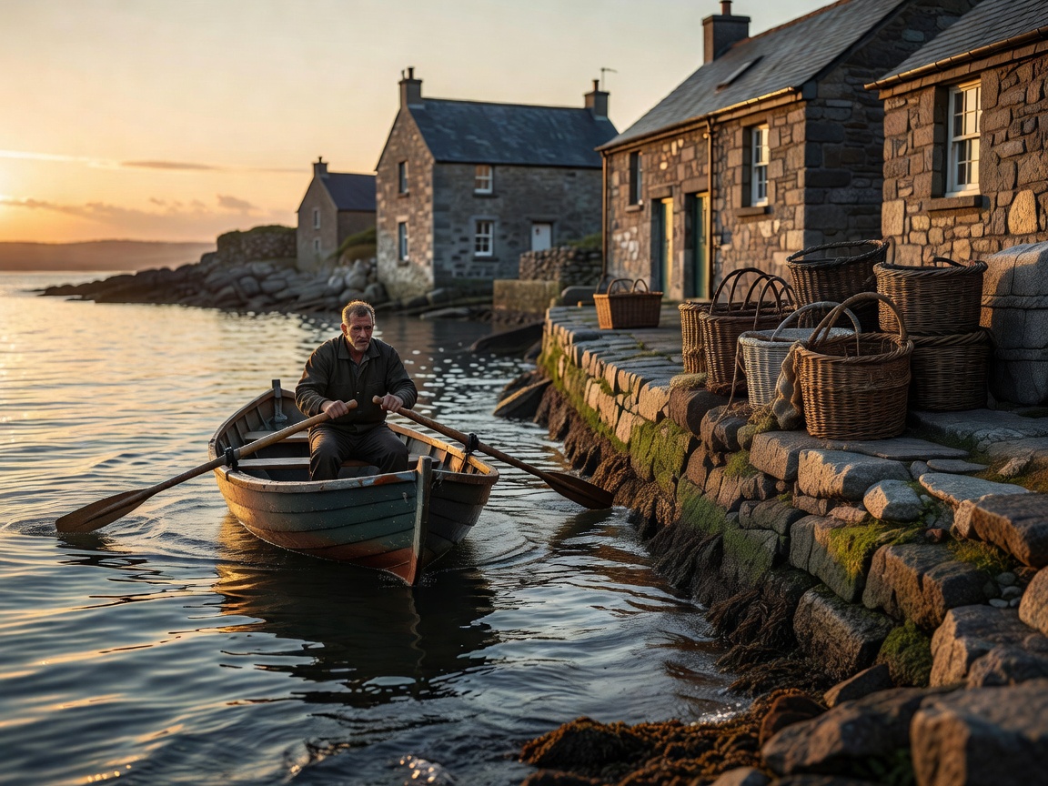 A crew member rowing a small tender towards a stone village slipway in low evening light, with fishing creels stacked on shore