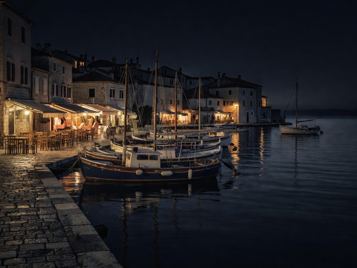 Komiža waterfront at night with lamplit cafés and wooden fishing boats along the quay