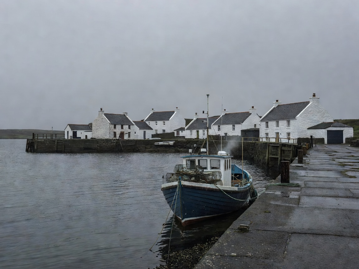 Pierowall pier on Westray with a fishing boat alongside under grey Orkney light